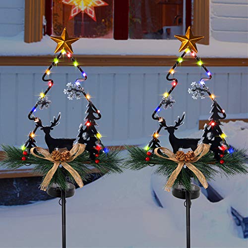 MAGGIFT Christmas Outdoor Solar Stake Lights, 47.5 Inch Large Solar Powered Yard Decorations, Multicolor Copper Wire LED Xmas Pathway Lights, Metal Xmas Tree Garden Stakes Lawn Ornament, Set of 2