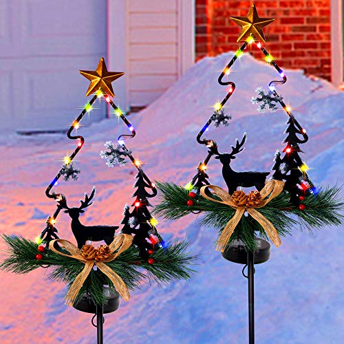 MAGGIFT Christmas Outdoor Solar Stake Lights, 47.5 Inch Large Solar Powered Yard Decorations, Multicolor Copper Wire LED Xmas Pathway Lights, Metal Xmas Tree Garden Stakes Lawn Ornament, Set of 2