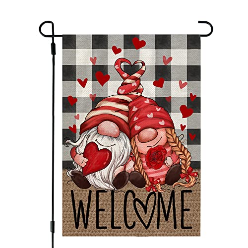 CROWNED BEAUTY Valentines Day Gnomes Garden Flag for Outside 12x18 Inch Small Double Sided Plaid Yard CF673-12