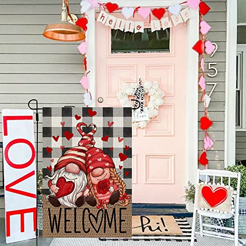 CROWNED BEAUTY Valentines Day Gnomes Garden Flag for Outside 12x18 Inch Small Double Sided Plaid Yard CF673-12
