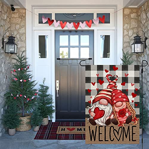 CROWNED BEAUTY Valentines Day Gnomes Garden Flag for Outside 12x18 Inch Small Double Sided Plaid Yard CF673-12