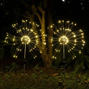 mopha solar garden lights, 2 pack 120 led solar lights outdoor waterproof, 2 mode solar firework lights decorative with high flexibility copper wire, for outdoor, patio, yard & garden decor,warm white