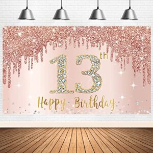 happy 13th birthday banner backdrop decorations for girls, rose gold 13 birthday party sign supplies, pink 13 year old birthday poster background photo booth props decor