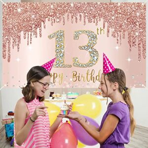 Happy 13th Birthday Banner Backdrop Decorations for Girls, Rose Gold 13 Birthday Party Sign Supplies, Pink 13 Year Old Birthday Poster Background Photo Booth Props Decor