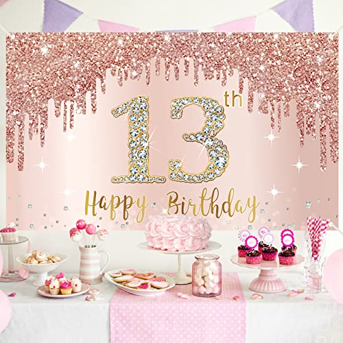 Happy 13th Birthday Banner Backdrop Decorations for Girls, Rose Gold 13 Birthday Party Sign Supplies, Pink 13 Year Old Birthday Poster Background Photo Booth Props Decor