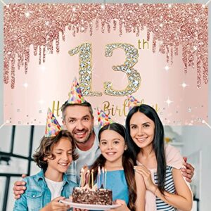 Happy 13th Birthday Banner Backdrop Decorations for Girls, Rose Gold 13 Birthday Party Sign Supplies, Pink 13 Year Old Birthday Poster Background Photo Booth Props Decor