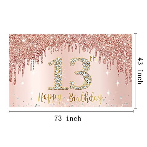 Happy 13th Birthday Banner Backdrop Decorations for Girls, Rose Gold 13 Birthday Party Sign Supplies, Pink 13 Year Old Birthday Poster Background Photo Booth Props Decor