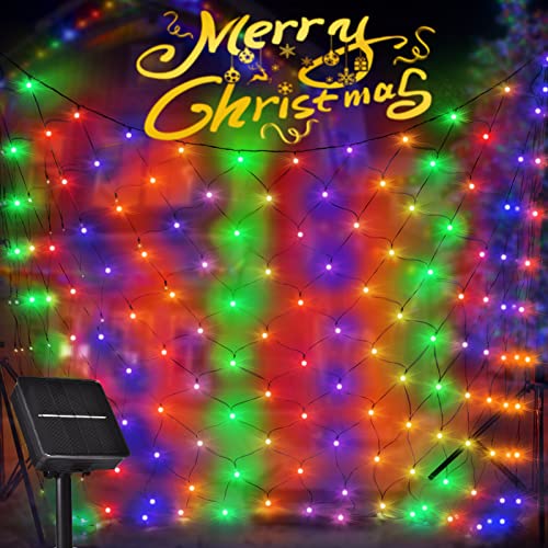 9.8 ft x 6.5 ft Christmas Solar Net Lights for Outdoor, 200LED 8 Modes Mesh String Lights Solar Outdoor Lights for Christmas Tree, Garden, Bushes, Wedding, Party Decorations (Red,Green,Purple,Orange)