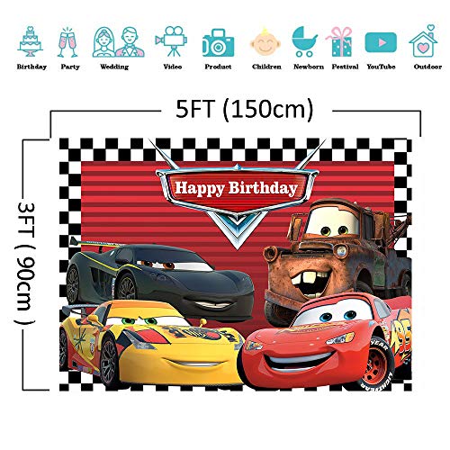 Red Cars Backdrop for Children Boys Birthday Party Supplies Vinyl Checkered Flag Racing Car Story Photo Background Banner Baby Show Photo Booth Studio Props Cake Table Decor 5x3ft