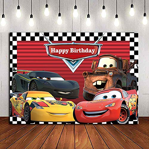 Red Cars Backdrop for Children Boys Birthday Party Supplies Vinyl Checkered Flag Racing Car Story Photo Background Banner Baby Show Photo Booth Studio Props Cake Table Decor 5x3ft