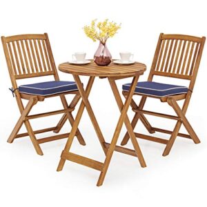 tangkula 3 pcs patio folding bistro set, outdoor acacia wood chair and table set w/padded cushion& round coffee table, ideal for indoor patio poolside garden (navy blue)