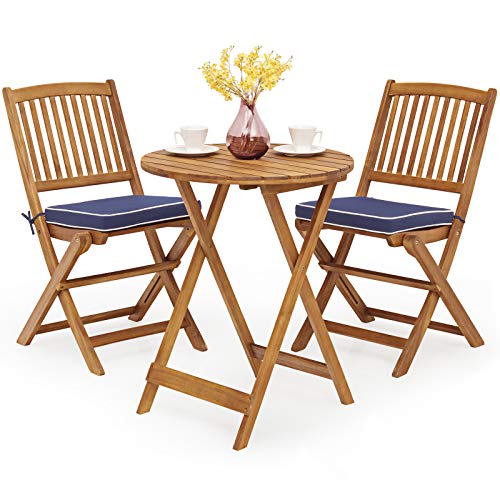 Tangkula 3 PCS Patio Folding Bistro Set, Outdoor Acacia Wood Chair and Table Set w/Padded Cushion& Round Coffee Table, Ideal for Indoor Patio Poolside Garden (Navy Blue)