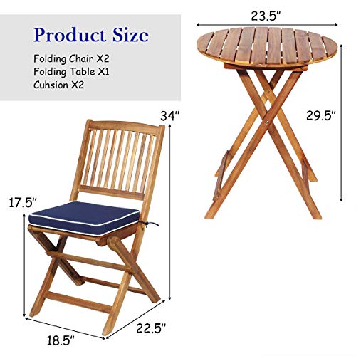 Tangkula 3 PCS Patio Folding Bistro Set, Outdoor Acacia Wood Chair and Table Set w/Padded Cushion& Round Coffee Table, Ideal for Indoor Patio Poolside Garden (Navy Blue)