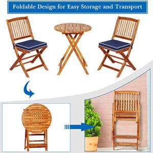 Tangkula 3 PCS Patio Folding Bistro Set, Outdoor Acacia Wood Chair and Table Set w/Padded Cushion& Round Coffee Table, Ideal for Indoor Patio Poolside Garden (Navy Blue)