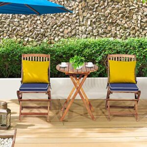 Tangkula 3 PCS Patio Folding Bistro Set, Outdoor Acacia Wood Chair and Table Set w/Padded Cushion& Round Coffee Table, Ideal for Indoor Patio Poolside Garden (Navy Blue)