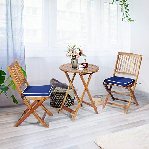Tangkula 3 PCS Patio Folding Bistro Set, Outdoor Acacia Wood Chair and Table Set w/Padded Cushion& Round Coffee Table, Ideal for Indoor Patio Poolside Garden (Navy Blue)