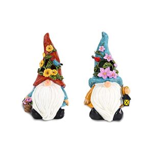 aoc 2pcs garden gnome solar statue, 10.2 inch resin gnomes figurine with solar powered lights funny gnomes garden decorations, for outdoor patio yard lawn backyard decor