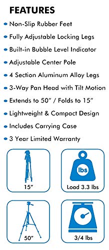 Ultimaxx 50" Inch Lightweight Portable Camera Tripod Stand with Carrying Bag for Sony, Nikon, Canon, Olympus, Pentax, Panasonic, Samsung Cameras and Camcorders