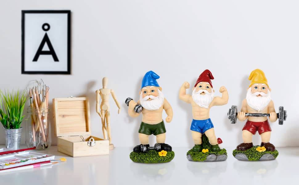 Mrsivrop Funny Workout Garden Gnomes Statues 3pcs 6.2 Inches Outdoor Funny The Muscular, Barbell and Dumbbell Gnomes Decorations Set for Yard, Lawn, Patio, Indoor Gnome Figurine for Home Tabletop