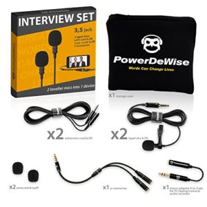 PowerDeWise Professional Grade 2 Lavalier Clip-On Microphones Set for Dual Interview - Double Lav Lapel Microphone - Use for iPhone Phone Camera - Blogging Video Recording Noise Cancelling 3.5mm Mic