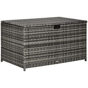 outsunny outdoor deck box, pe rattan wicker with liner, hydraulic lift, and a handle for indoor, outdoor, patio furniture cushions, pool, toys, garden tools, gray