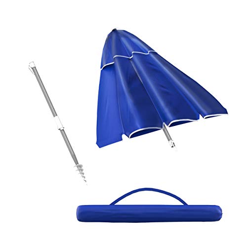 Pure Garden Beach Umbrella with 360 Degree Tilt- Portable Outdoor Sun Shade Canopy with UV Protection, Sand Anchor, Carrying Case (7 Ft, Blue)