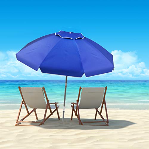 Pure Garden Beach Umbrella with 360 Degree Tilt- Portable Outdoor Sun Shade Canopy with UV Protection, Sand Anchor, Carrying Case (7 Ft, Blue)