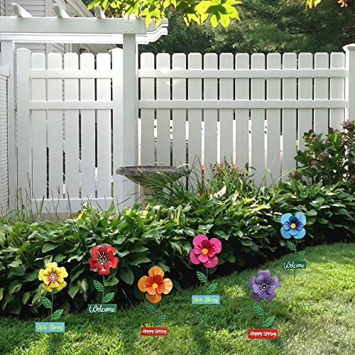 6 Pcs Metal Flower Decorative Garden Stakes, hogardeck 12" Outdoor Garden Decor Shaking Head Sunflowers Daisy Ornament, Yard Art Spring Decorations for Indoor Pathway Patio Lawn (Multi-Color)