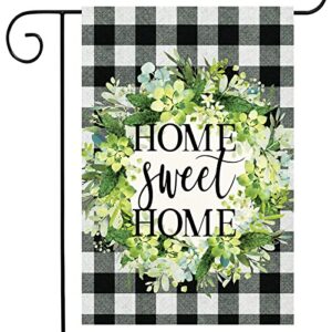 wondever home sweet home wreath garden flag 12×18 double sided vertical black and white buffalo check plaid burlap watercolor green leaves yard flags for farmhouse yard holiday outdoor flags decor