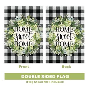 wondever Home Sweet Home Wreath Garden Flag 12×18 Double Sided Vertical Black and White Buffalo Check Plaid Burlap Watercolor Green Leaves Yard Flags for Farmhouse Yard Holiday Outdoor Flags Decor