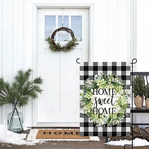 wondever Home Sweet Home Wreath Garden Flag 12×18 Double Sided Vertical Black and White Buffalo Check Plaid Burlap Watercolor Green Leaves Yard Flags for Farmhouse Yard Holiday Outdoor Flags Decor