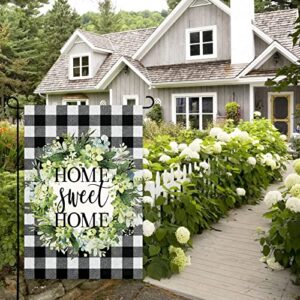 wondever Home Sweet Home Wreath Garden Flag 12×18 Double Sided Vertical Black and White Buffalo Check Plaid Burlap Watercolor Green Leaves Yard Flags for Farmhouse Yard Holiday Outdoor Flags Decor