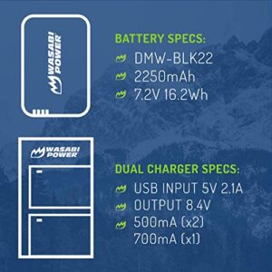 Wasabi Power Battery (2-Pack) and USB-C Dual Battery Charger for Panasonic DMW-BLK22 and Panasonic Lumix DC-S5, DC-S5 II, DC-S5 IIX, GH5 II, GH6, S5II, S5IIX, S5M2, S5M2X, GH5M2
