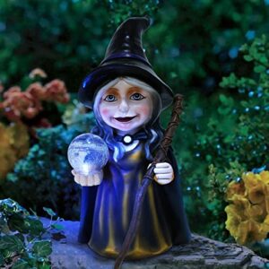 exquailty outdoor witches statue halloween decor, witch hand hold solar led ball and magic wand solar light garden sculptures, lawn yard art decoration
