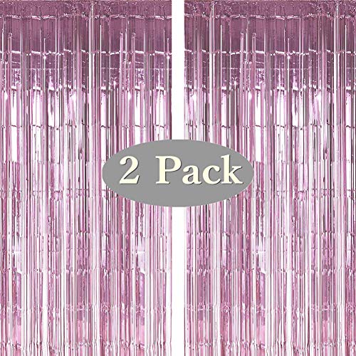 Twinkle Star Photo Booth Backdrop Foil Curtain Tinsel Backdrop Environmental Background for Birthday Party, Wedding, Graduation, Christmas Decorations (2 Pack, Pink)