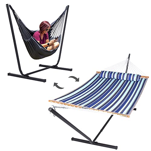 SUNCREAT 2-in-1 Convertible Hammock and Stand, Stand Alone Hammock for Backyard, Patio, Garden, Patent Pending, Blue Stripes