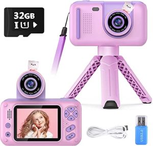 purulu kids camera with flip-up lens for selfie & video, hd digital camera with 32gb sd card, ideal for 3-8 years old girls boys on birthday christmas party as gift