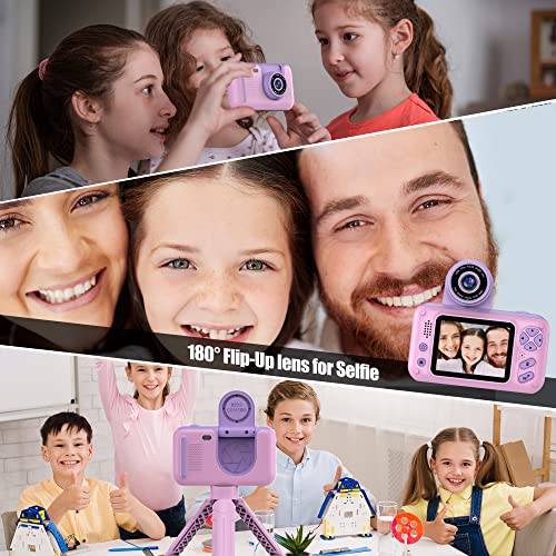 PURULU Kids Camera with Flip-up Lens for Selfie & Video, HD Digital Camera with 32GB SD Card, Ideal for 3-8 Years Old Girls Boys on Birthday Christmas Party as Gift