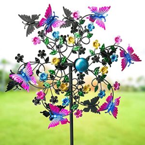 ironic wind spinners with willow butterfly including colorful metal petals-enhance decoration of yard and gardens- dual-direction 60 inches height spinner – decor with statues and sculptures