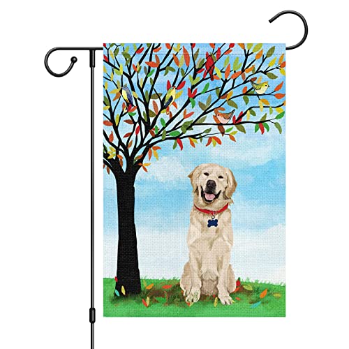 Welcome Spring Garden Flag 12x18 Double Sided Vertical, Burlap Small Golden Retriever Dog Garden Yard House Flags Outside Outdoor House Spring Summer Decoration (ONLY FLAG)