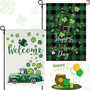 2 pieces st. patrick’s day garden flag shamrocks burlap yard flag welcome green hat truck decorative flag double sided holiday garden flags for st. patrick’s day outdoor decoration, 12.5 x 18.5 inches