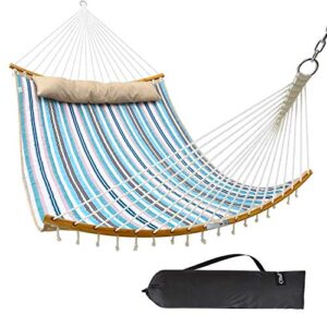 double hammock swing quilted fabric, ohuhu 2 person 11 ft portable hammocks with folding bamboo spreader bar & pillow, large hammock bed for indoor outdoor, tree hammock for yard porch garden balcony