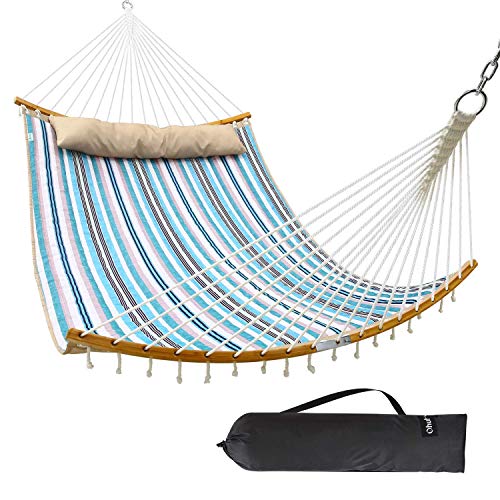 Double Hammock Swing Quilted Fabric, Ohuhu 2 Person 11 FT Portable Hammocks with Folding Bamboo Spreader Bar & Pillow, Large Hammock Bed for Indoor Outdoor, Tree Hammock for Yard Porch Garden Balcony