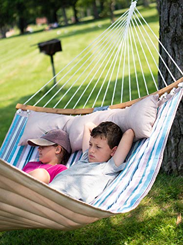 Double Hammock Swing Quilted Fabric, Ohuhu 2 Person 11 FT Portable Hammocks with Folding Bamboo Spreader Bar & Pillow, Large Hammock Bed for Indoor Outdoor, Tree Hammock for Yard Porch Garden Balcony