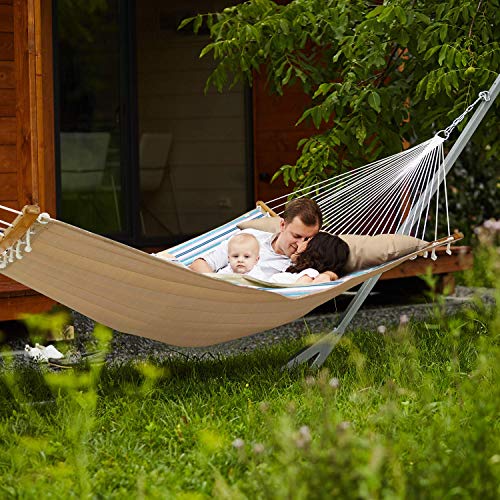 Double Hammock Swing Quilted Fabric, Ohuhu 2 Person 11 FT Portable Hammocks with Folding Bamboo Spreader Bar & Pillow, Large Hammock Bed for Indoor Outdoor, Tree Hammock for Yard Porch Garden Balcony