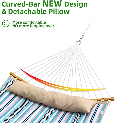 Double Hammock Swing Quilted Fabric, Ohuhu 2 Person 11 FT Portable Hammocks with Folding Bamboo Spreader Bar & Pillow, Large Hammock Bed for Indoor Outdoor, Tree Hammock for Yard Porch Garden Balcony