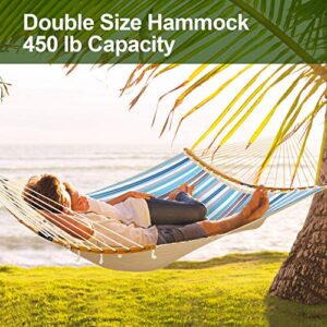 Double Hammock Swing Quilted Fabric, Ohuhu 2 Person 11 FT Portable Hammocks with Folding Bamboo Spreader Bar & Pillow, Large Hammock Bed for Indoor Outdoor, Tree Hammock for Yard Porch Garden Balcony