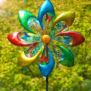 sowsun extra large wind spinner outdoor metal yard sculpture, 24″ dia 71″ tall garden spinner with colorful flower blades, dual rotors wind sculpture for outdoor, patio, yard art, garden decoration