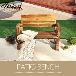 Sports Festival 2-Person Wagon Wheel Wood Bench Outdoor Patio Loveseat with Wheel Armrest and Slatted Seat Rustic Log Furniture Handled with Burnt Finish for Porch Garden Backyard