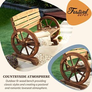 Sports Festival 2-Person Wagon Wheel Wood Bench Outdoor Patio Loveseat with Wheel Armrest and Slatted Seat Rustic Log Furniture Handled with Burnt Finish for Porch Garden Backyard